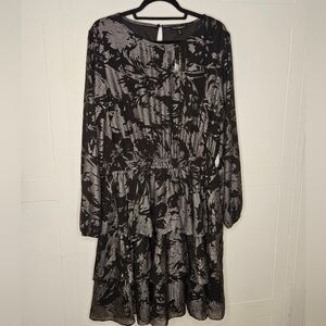 Lane Bryant Graphic Floral Black GrayKnee Length Tiered Dress Sz 14/16 NWT
